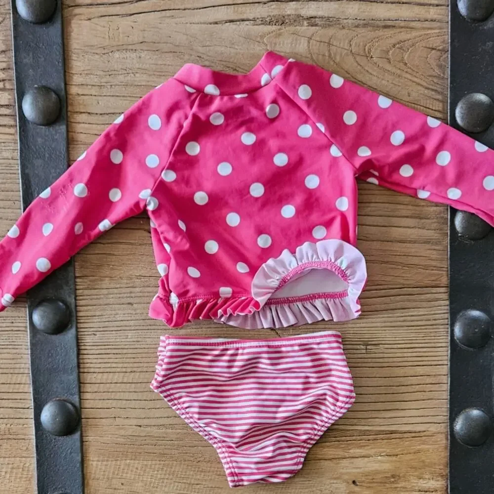 Little Me Pink Polkadot and Stripe Rashguard Bikini sz 6-9.